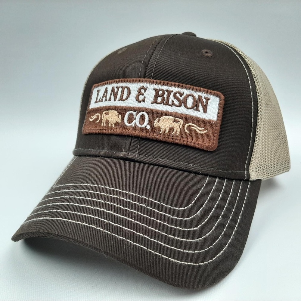 Land & Bison Embroidered Patch Curved Bill Mesh Snapback Hat Brown Trucker